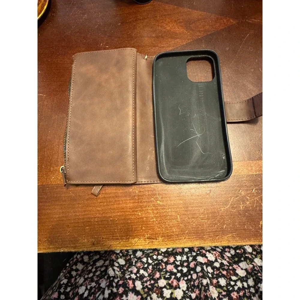 Iphone wallet case‎ brown faux leather Iphone 15 wristlet